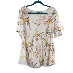 BLOOMCHIC SZ 10 M white floral vneck elastic waist flutter sleeve top blouse B38